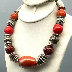 Vintage Dramatic Statement Necklace in Bright Colors and Silver Tone Beads